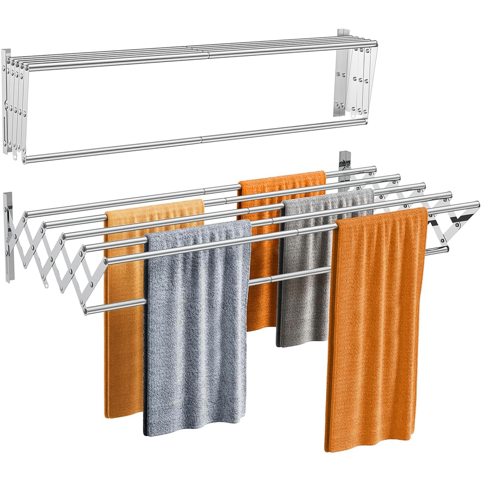 Wall Mounted Clothes Airer Foldable Towel Rail Retractable Clothes Drying Rack With 6 Poles, Stainless Steel Airer Clothes Dryer Bathroom Towel Holder Space Saving Rust Resistant Indoor or Outdoor