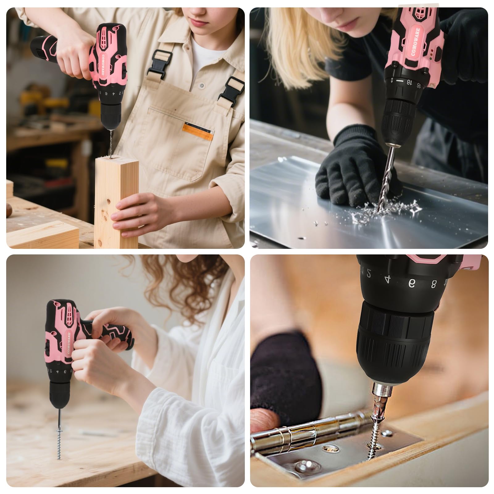 COMOWARE 12V Pink Cordless Drill Home Tool Kit, Pink Drill Set for Women, Lady's Home Repairing Tool Kit Hand Tool Set for DIY Large-Capacity Tool Storage Bag Included
