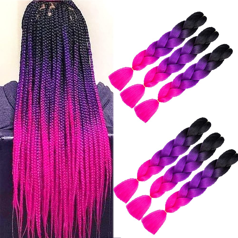 Black Purple Rose Red Ombre Braiding Hair Extensions 6 Packs High Temperature Synthetic Fiber Coloured Hair for Braiding Extensions Box Braids Crochet Twist Box Braids — image 1