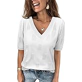 ATHMILE Summer Tops for Women 2025 Short Sleeve V Neck Sweaters Dressy Casual Blouses Lightweight Thin Knit Fashion Shirts