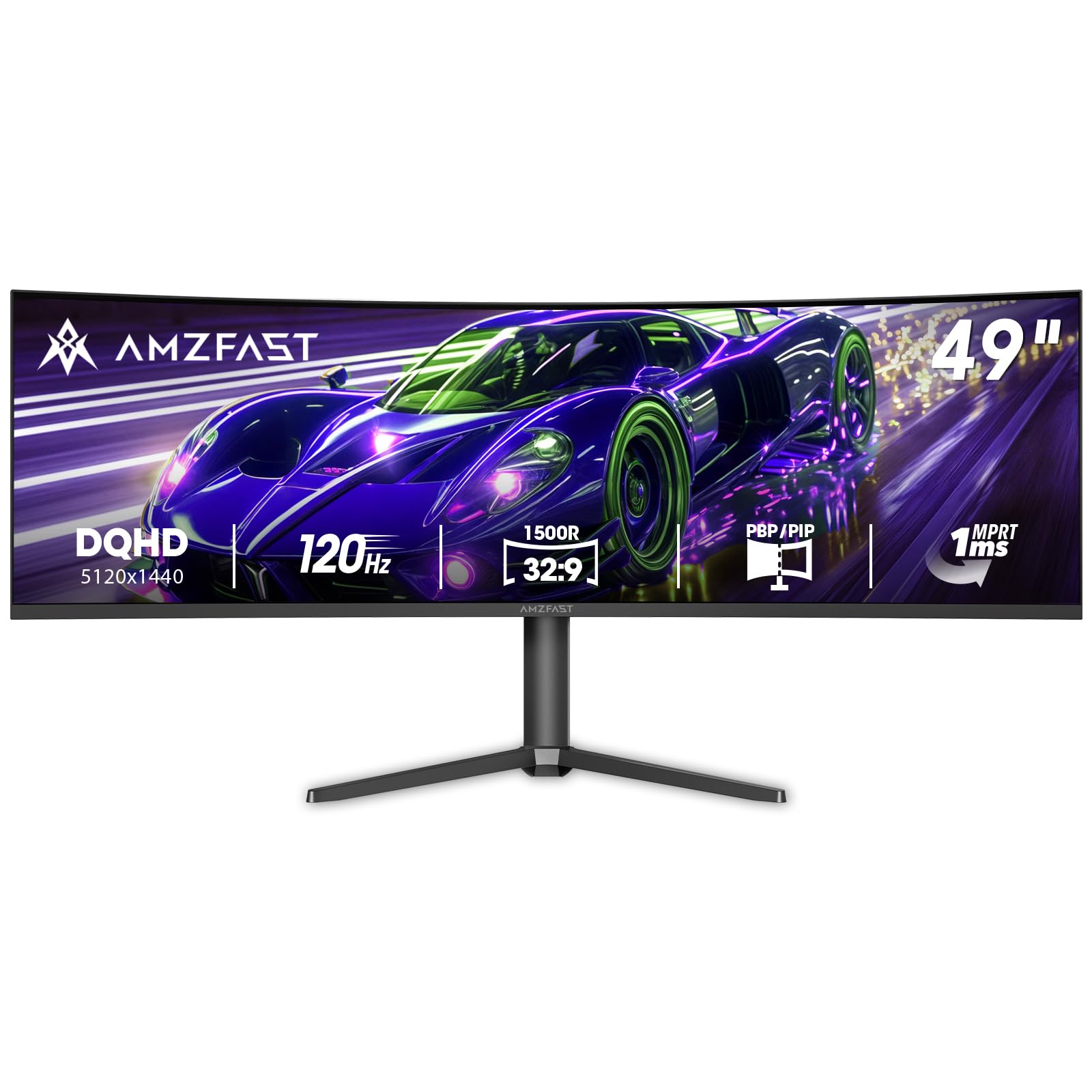 Photo 1 of Amzfast 49 Inch Curved Monitor 120Hz DQHD 5120x1440p Ultrawide Gaming Monitor, 120% sRGB, 1500R, 1ms MPRT, HDR, Adaptive Sync, PIP/PBP, Height Adjustable, HDMI 2.0/DP 1.4, VESA 75x75, AMZG49C7U