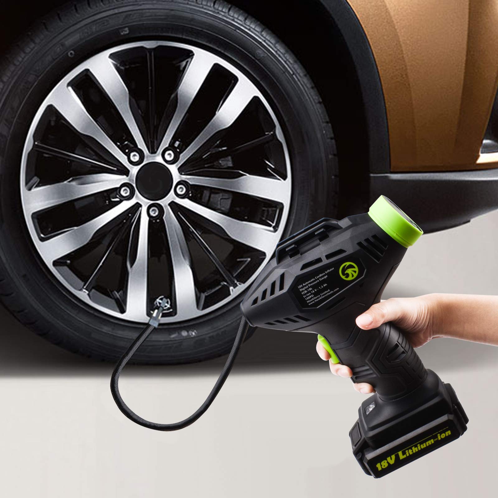 Tire inflator, Hawkforce Cordless Portable Air Compressor Automatic Car Tire Air Pump with Easy to Read Digital Pressure Gauge, Built-in LED Light and 2 Needles