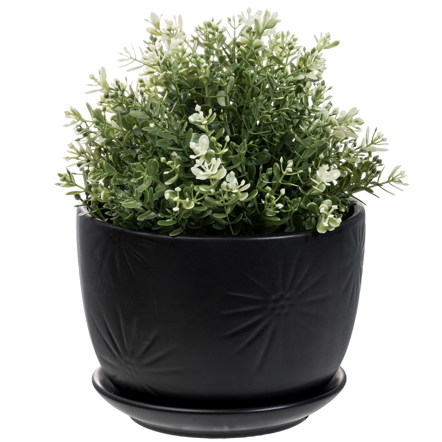 Photo 1 of MyGift 7 Inch Round Matte Black Ceramic Plant Pot with Drainage Hole and Attached Saucer, Modern Decorative Embossed Sunburst Planter Container for Indoor Home Garden