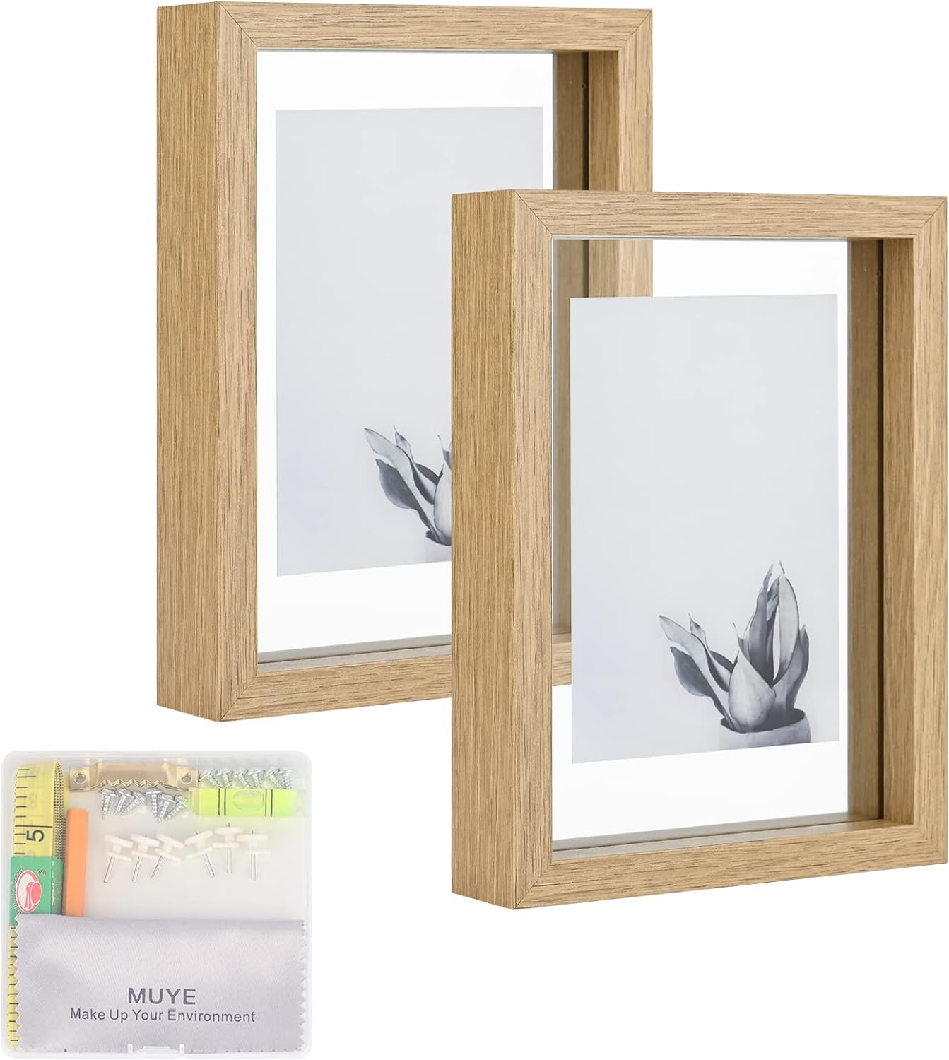 Photo Albums, Frames & Accessories - MUYE 5x7 Floating Frame Set of 2,Double Glass Rustic Photo Frame for Wall Hanging or Tabletop Standing,Also Display 4x6 or 3x5 Photo for Floating Effect,Natural