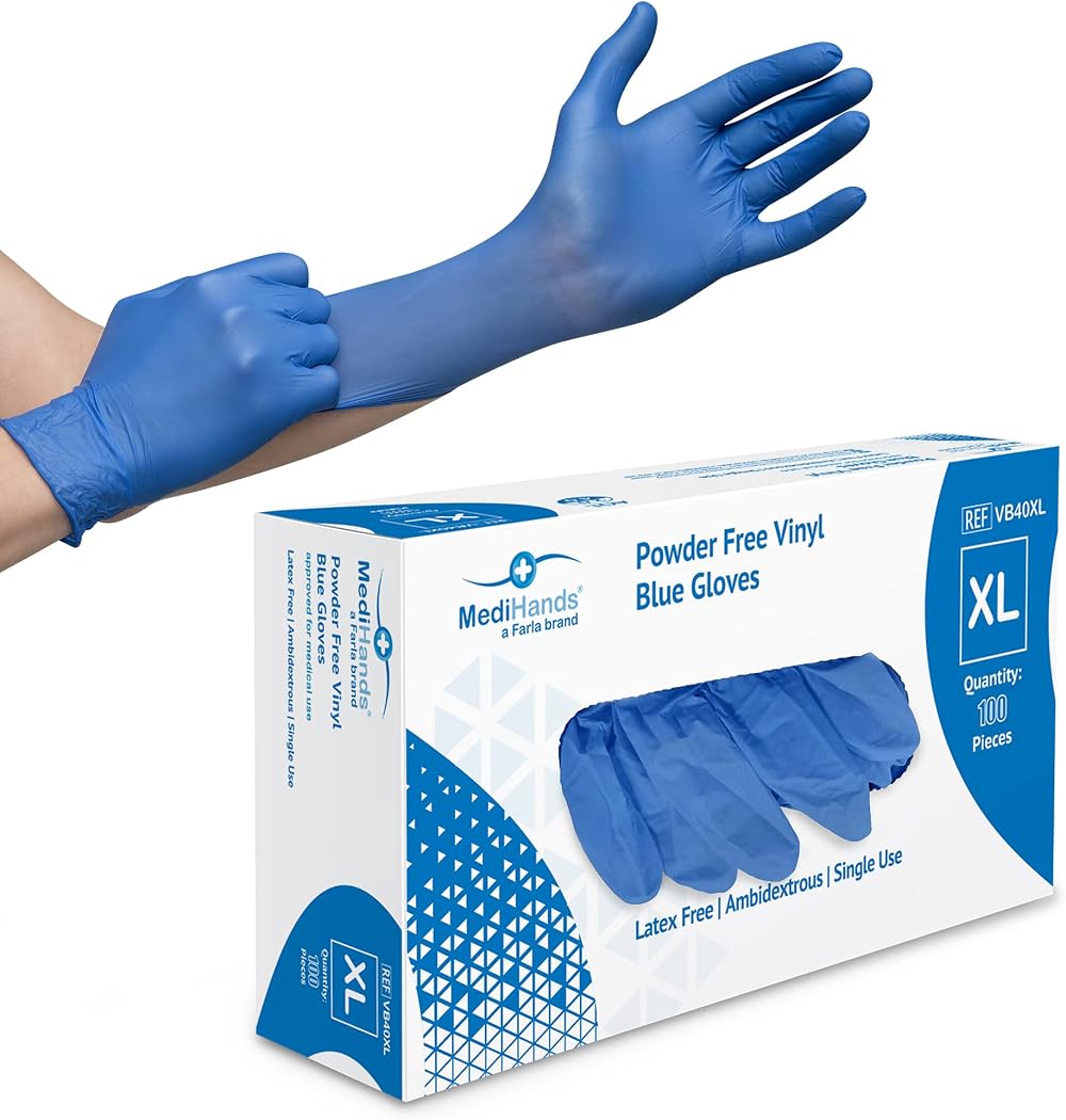 Farla MediHands Blue Extra Large Vinyl Gloves Box of 100 Powder Free Latex Free