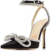 BlingQueen Women's Heeled Sandals Satin Rhinestone Ankle Strap Pumps Crystal Embellishment Pointy Stilettos Backless Wedding Dress Heeled Sandals