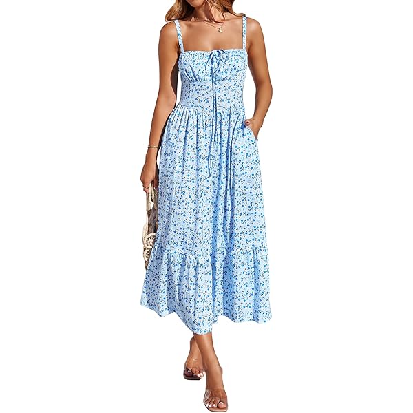 chinese dress ladies GLIGET Dresses for Women 2024 Shirred Ruffle Hem A Line Maxi Dress (Color :  Baby Blue, Size : X-Small) at Amazon Women's Clothing store main image 1
