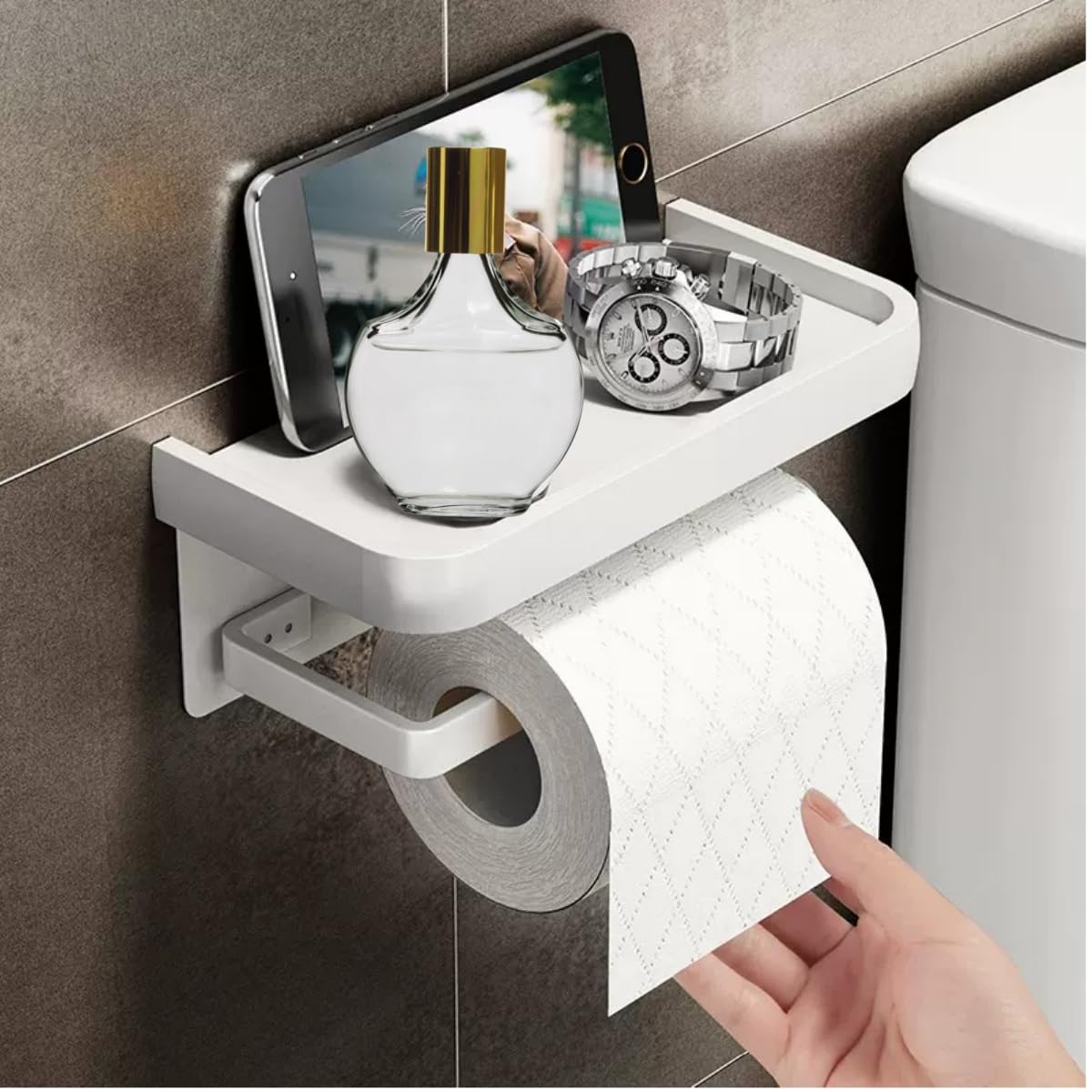 Toilet Paper Holder, No Drilling, Toilet Roll Holder with Shelf, Aluminium Alloy Toilet Paper Holder, Wall Mounted for Kitchen and Bathroom (White)