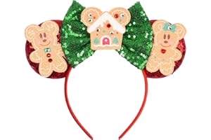 bianbaistar Christmas Gingerbread Mouse Ears Headband - Gingerbread Man & House with Green Sequin Bow Holiday Accessory