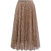 CHICWISH Women Gilded Glow Sequin Embellished Print Tulle Tutu Skirt A-line Elastic Waist Mesh Double-Layered Midi Skirt