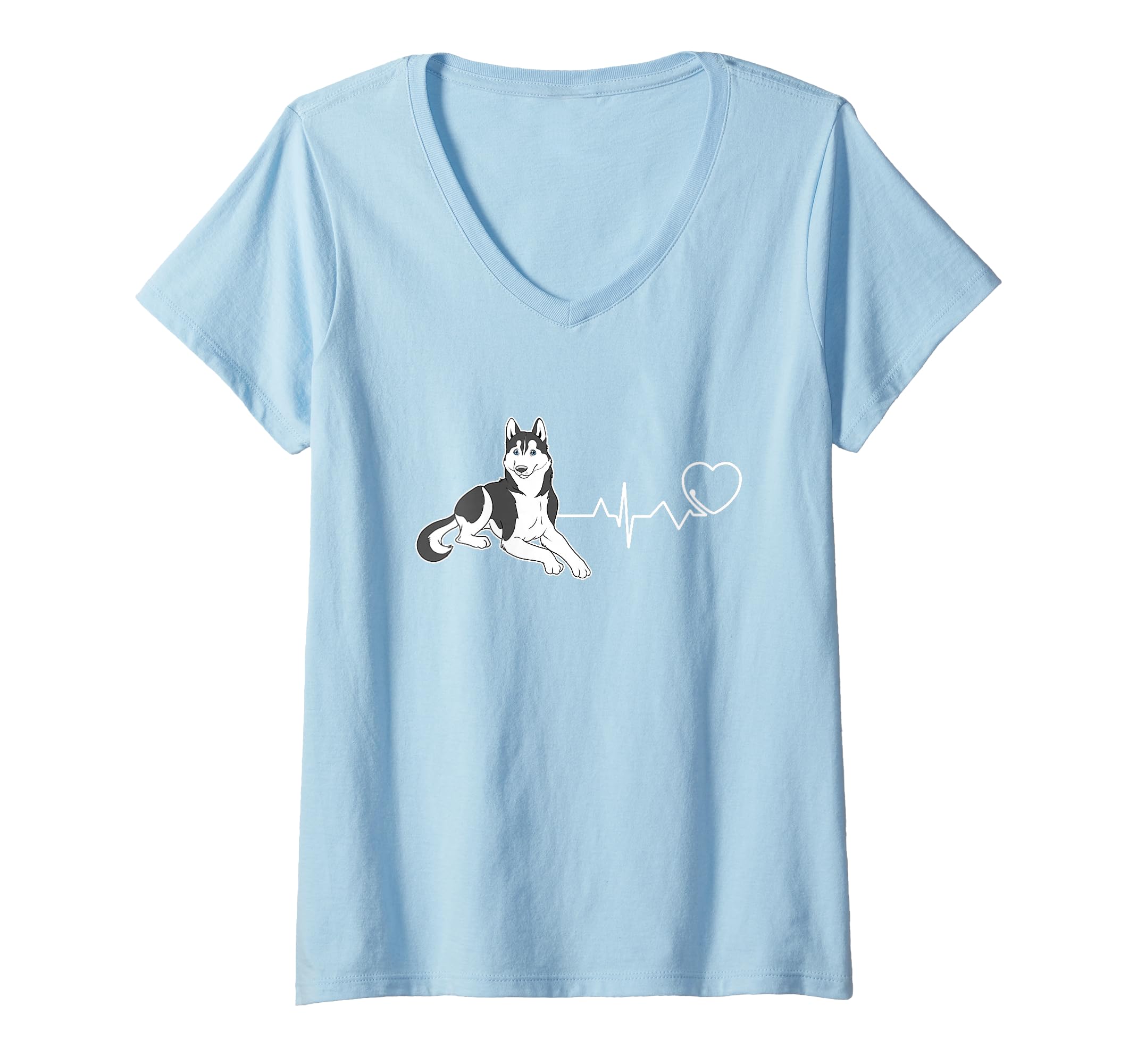 Womens Siberian Husky Dog Heartbeat V-Neck T-Shirt