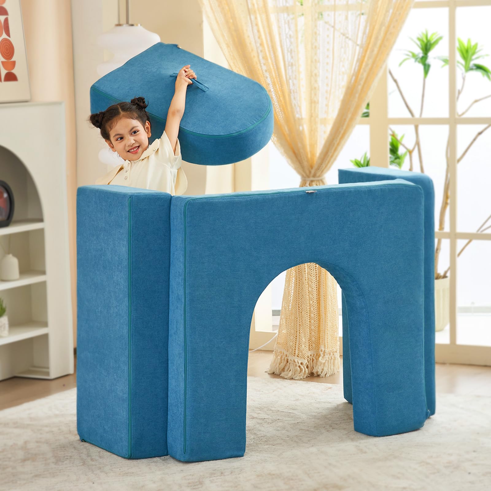 jela Kids Couch 4Pcs Kids Sofa Couch Luxury Miss Fabric Play Couch for Toddlers Castle Gate Modular Kids Couch for Playroom Playhouse Play Set for Toddlers Babies (Lightblue)