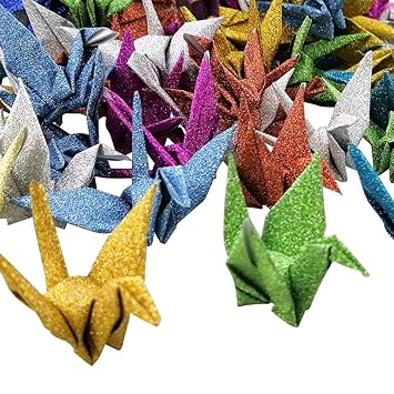 Hangnuo 50 Stück Glitzer Papier Kraniche Origami Crane Papier Girlande Gefaltete Kraniche Mit Unsichtbar Silk Gewinde Für Hochzeit Geburtstag Party