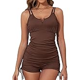 Aleumdr Women's Two Piece Tankini Swimsuit Tummy Control Bathing Suit V Neck Swim Tank Top with Boyshorts