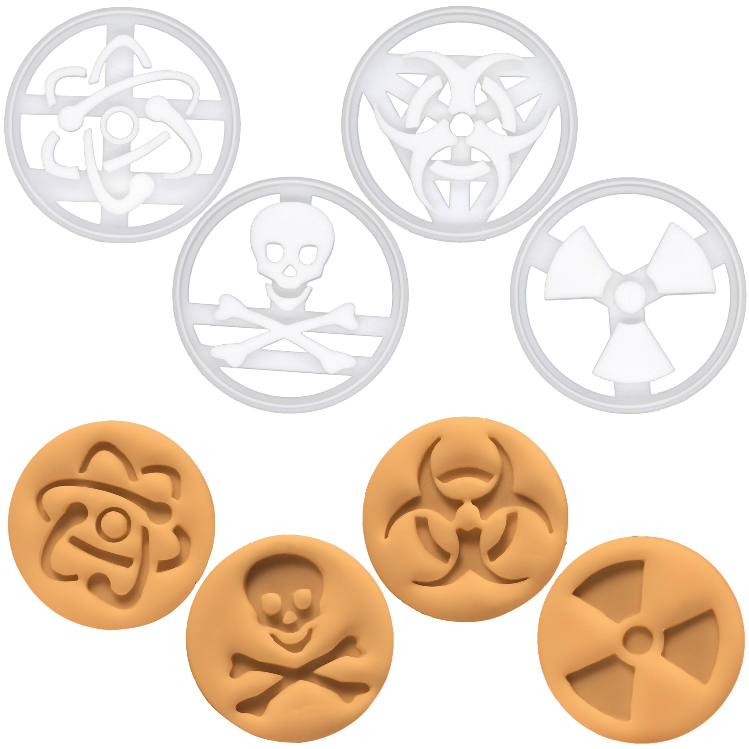 BAKERLOGY Set of 4 Science Symbols Cookie Cutters (Designs: Atom, Biohazard, Radiation and Toxic Symbol) - Detailed Biscuit Cutter Design for Baking and Crafts, Ideal on Fondant, Dough, Clay