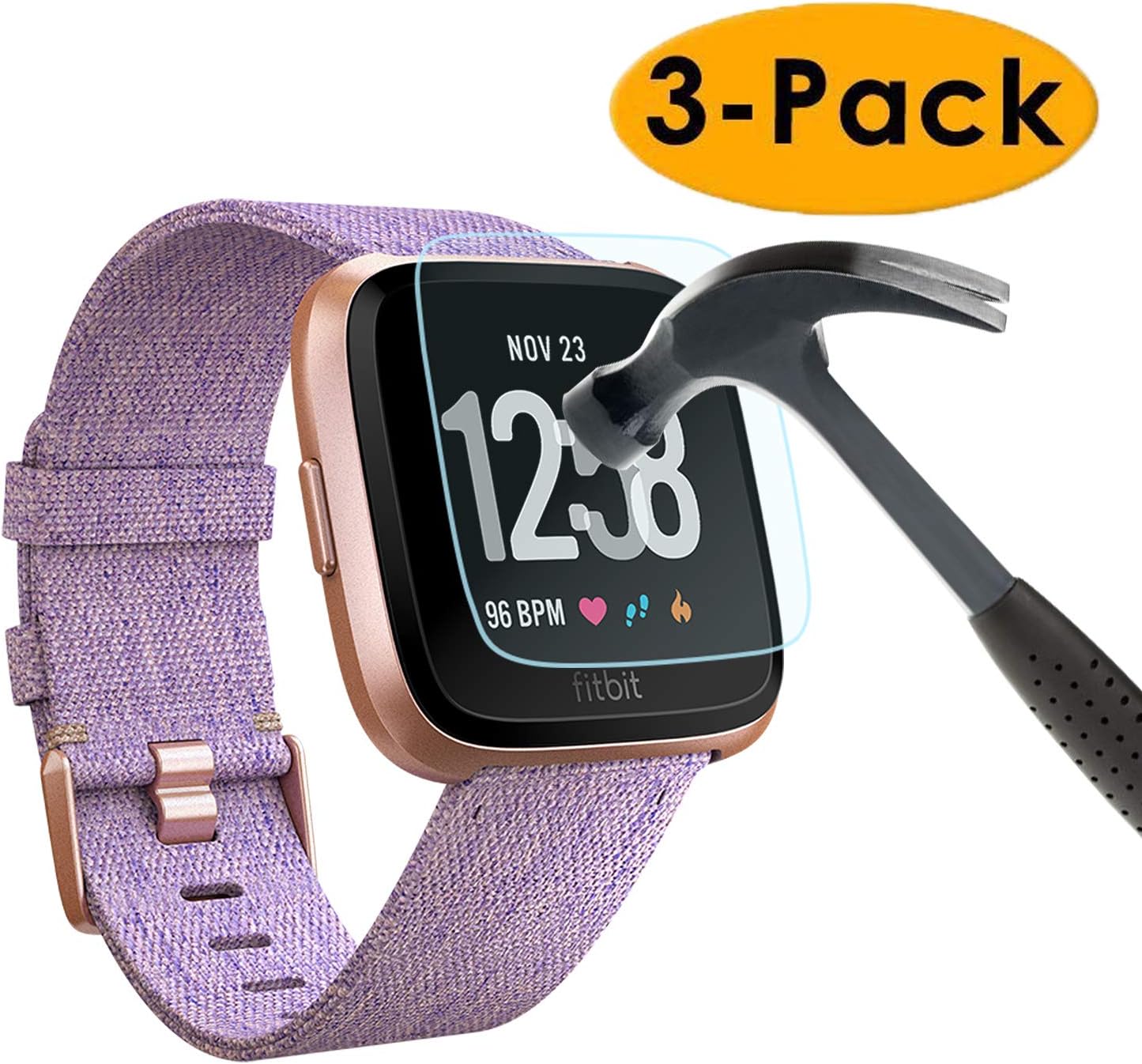 EXC Compatible Fitbit Versa Screen Protector [3 Pack] Tempered Glass Screen Protector for Fitbit Versa Lite Edition Smartwatch No Bubbling Waterproof Hardness Full Rounded Edge Coverage Screen Covers