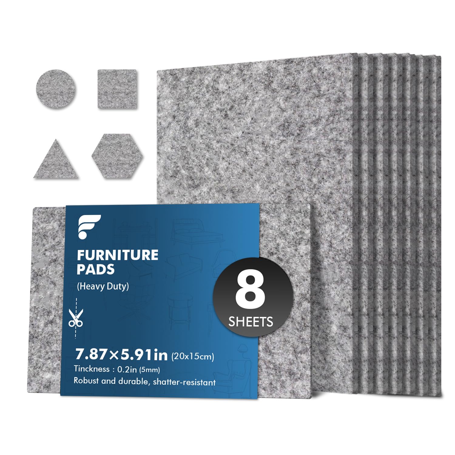 shinfly Furniture Pads Floor Protectors 8 Sheets, DIY Felt Pads for Furniture Feet, Premium 7.87x5.91in Heavy Duty Grey Felt Sheets, for Hardwood Floors, Non Scratch, Suitable for Sofa, Chair, Table