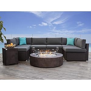 COSIEST 8 Piece Propane Firepit Table Wicker Sectional Sofa,Chocolate Brown Patio Set w 42-inch Round Bronze Fire Table (50,000 BTU), Wind Guard and Tank Cover (20 Gallon) for Garden,Pool,Backyard