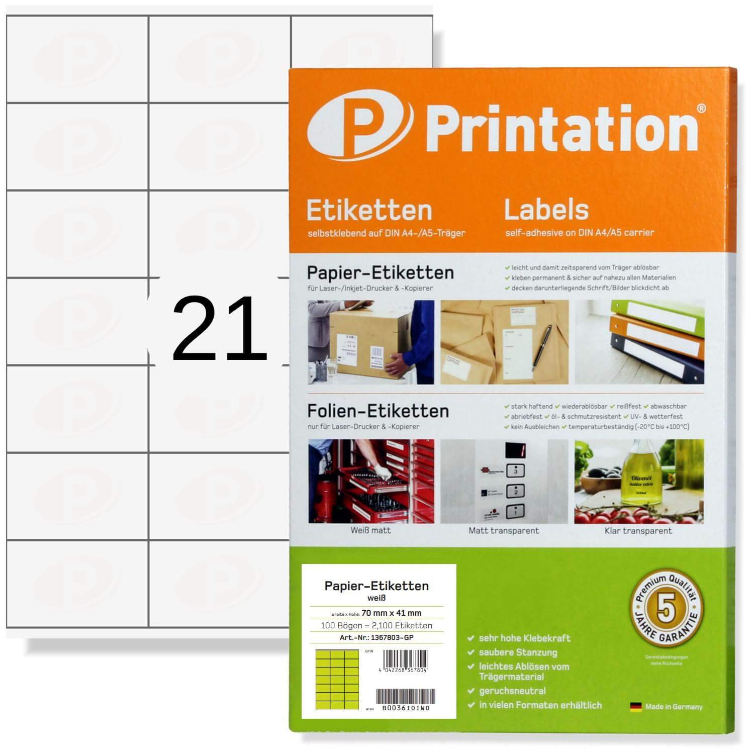 Printation Sticky Labels - 70 x 41 mm Address Labels, 525 White Self-Adhesive Stickers, 21 Per A4 Sheet, 25 Sheets, Printable Blank Name Labels, School Stickers for Laser & Inkjet Printers 70x41 3x7