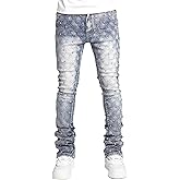 Men Rhinestone Skinny Ripped Jeans Y2k Stretch Slim Fit Stacked Jeans Grunge Denim Pants