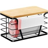 TIDIIABODE Small Grocery Bag Holder, Trash bag holder with Removable Bamboo Top, Wall Mount, No Drill, Stainless Steel, Black