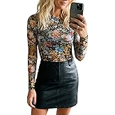 BemorRun Floral Mesh Top for Women Crew Neck Long Sleeve See Through Tee Shirts Fitted Sexy Going Out Tops