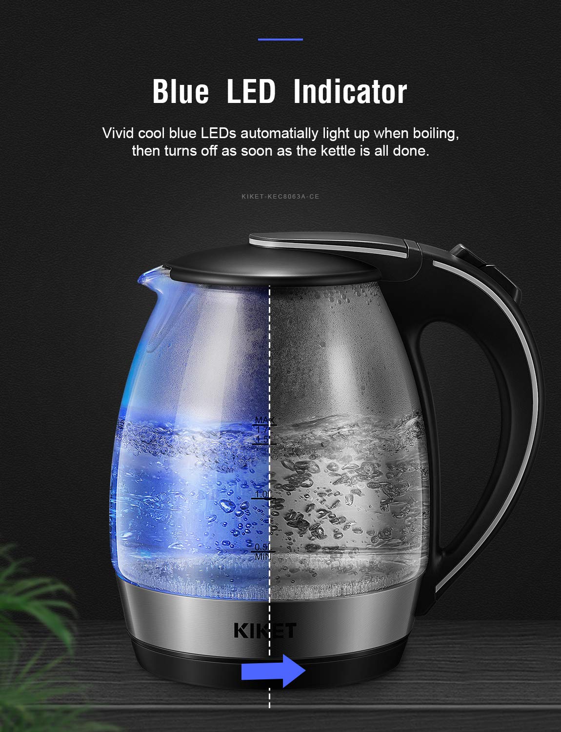 Bollitore in Vetro Elettrico KIKET, 1.7L Bollitore d\'acqua Borosilicato con Illuminazione a LED, Protezione Boil-dry, BPA-Free Teiera Elettrica, 2200w Sano Bollitore