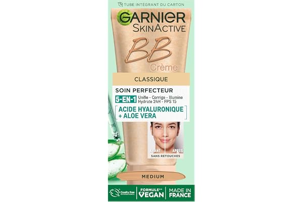 Garnier BB Cream Anti-Aging with Hyaluronic Acid & Aloe Vera, 5-in-1 Skin Perfector, Medium Tone, 50ml