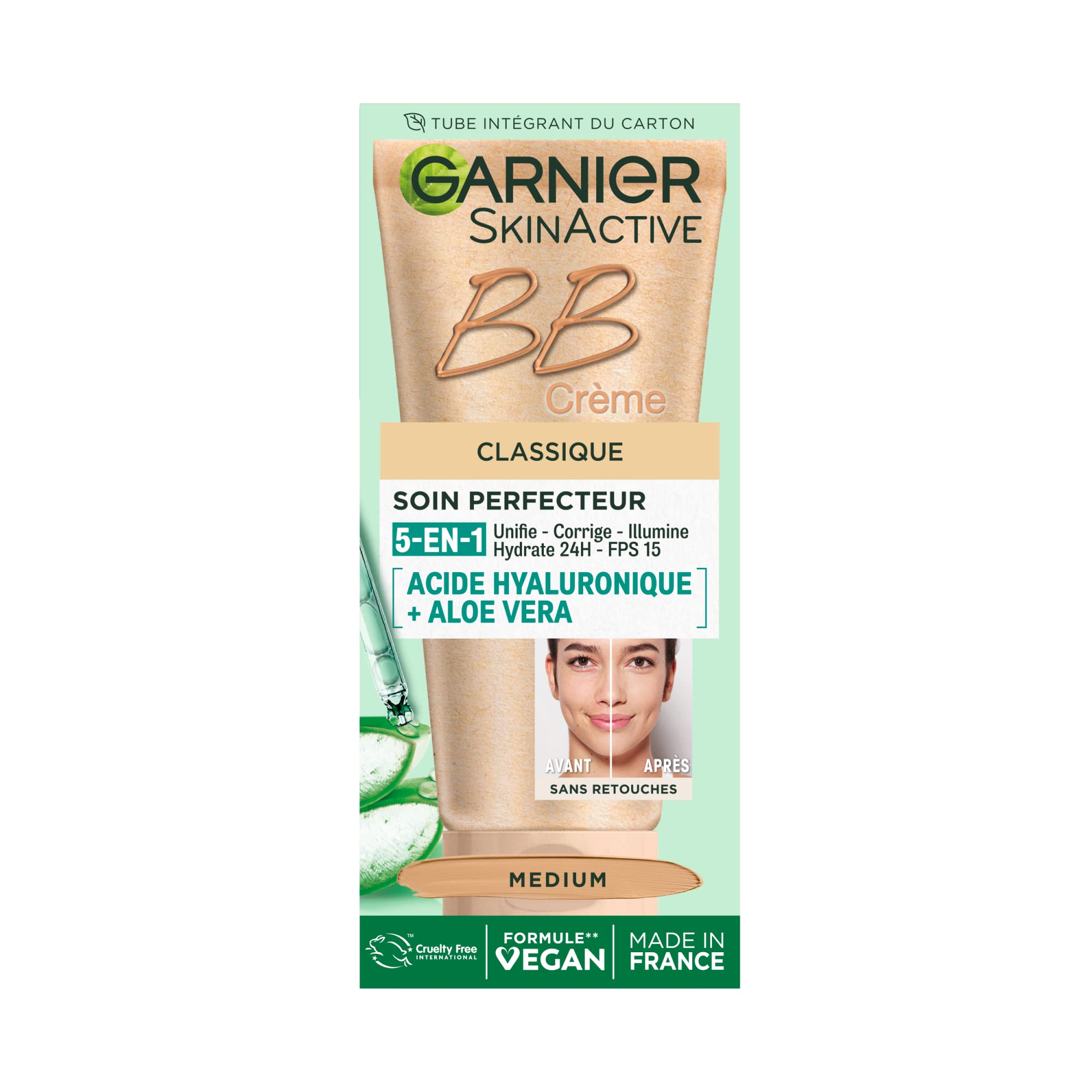 GARNIER Skin Active - BB Cream - All-in-1 Perfecting Care - Evens, Matifies & Hydrates - SPF 25 - Hyaluronic Acid & Aloe Vera - Vegan & Cruelty Free - Combination to Oily Skin - Medium Tint - 50 ml