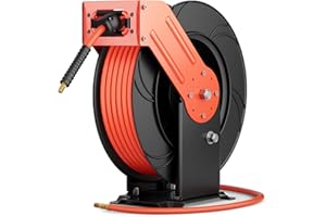BREARO Air Hose Reel, Double Arm Retractable Air Hose Reel 3/8" X 50' Heavy Duty Steel Construction, Auto Rewind & Solid Brass Fitting Air Compressor Reel with 6 ft Lead Max 300PSI, Ceiling Wall Mount