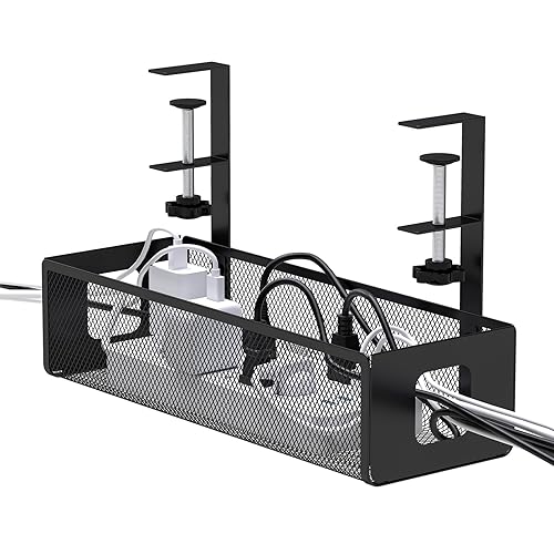 DELAMU Under Desk Cable Management Tray - Cable Management Tray No Drill with F-Clamp Design, Metal Mesh Cord Organizer, Sturdy Wire Organizers for Cords for Home Office Standing Desk, Black