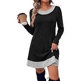 OFEEFAN Fall Dresses for Women 2026 Long Sleeve Sweater Dress Color Block | Side Pockets, Ribbed, Lightweight, Winter Clothin