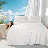 LBRO2M 100% Mulberry Silk Satin Sheet Set 6A 16" Deep Pocket 4Pcs Queen | Luxury Silk Bed Sheets, Cool Soft Bedding Sheet, Wrinkle Resistant Gentle to Skin and Hair,White
