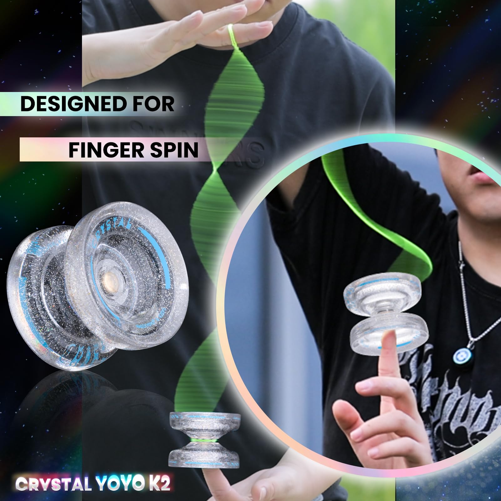 MAGICYOYO K2 Crystal Yoyo Silver Glitter Clear, Pro Responsive Yo-yo for Kids, Finger Spin Trick Yo Yo for Beginner, Dual Purpose Yo-yo with Extra Unresponsive Bearing + 12 Yoyo Strings + Case Bag
