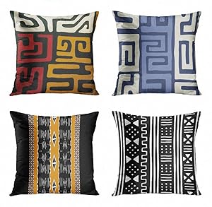 ArtSocket Set of 4 Throw Pillow Covers Red Gold Afrocentric Mudcloth Black White African Blue Kuba Inspired Cool Earth Decorative Pillow Cases Home Decor Square 18x18 Inches Pillowcases