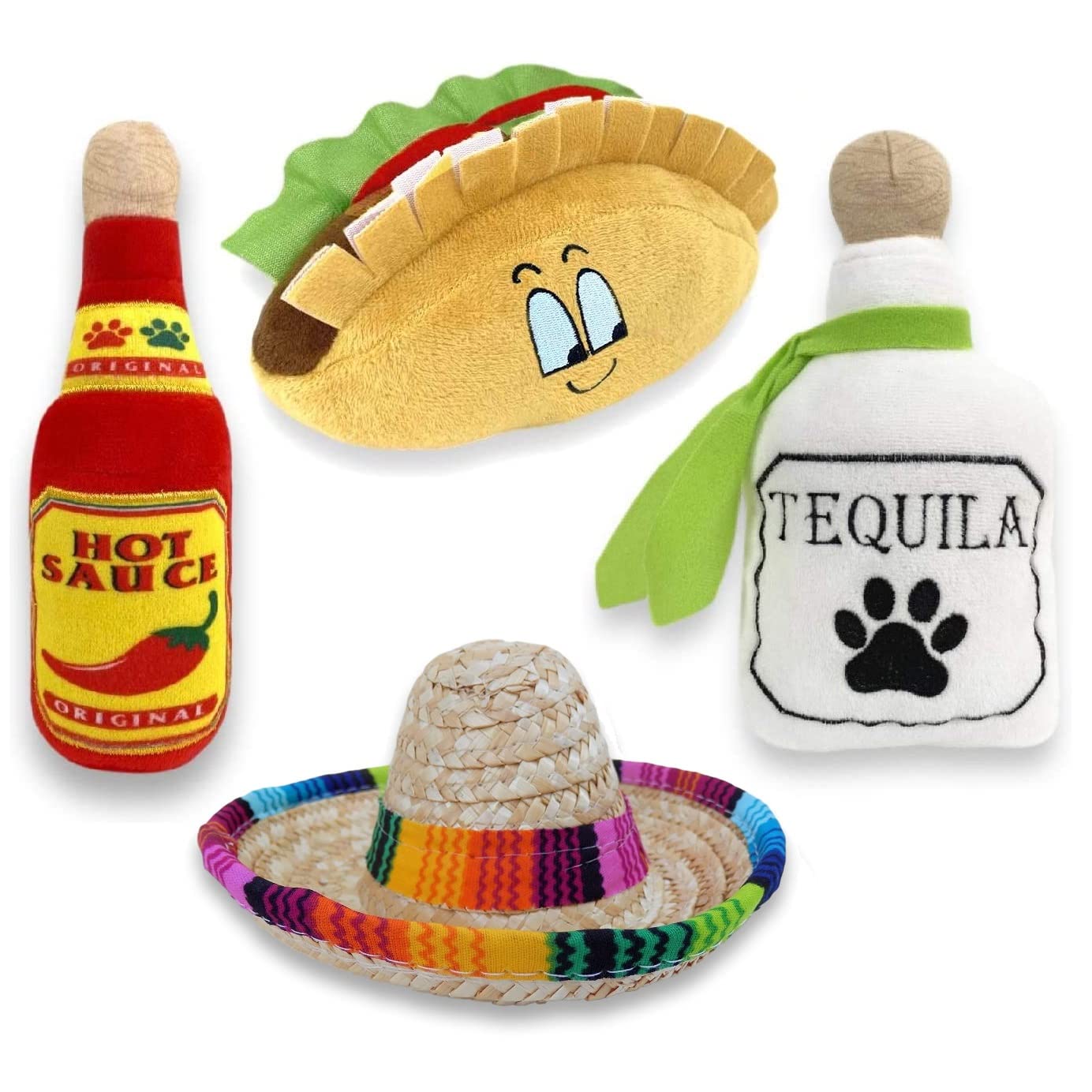 Baja Ponchos 4 Pack Fiesta Dog Chew Toys and Sombrero - Mexican Squeak Plush Toys - Dog Gifts for Chihuahuas - Taco - Tequila - Hot Sauce