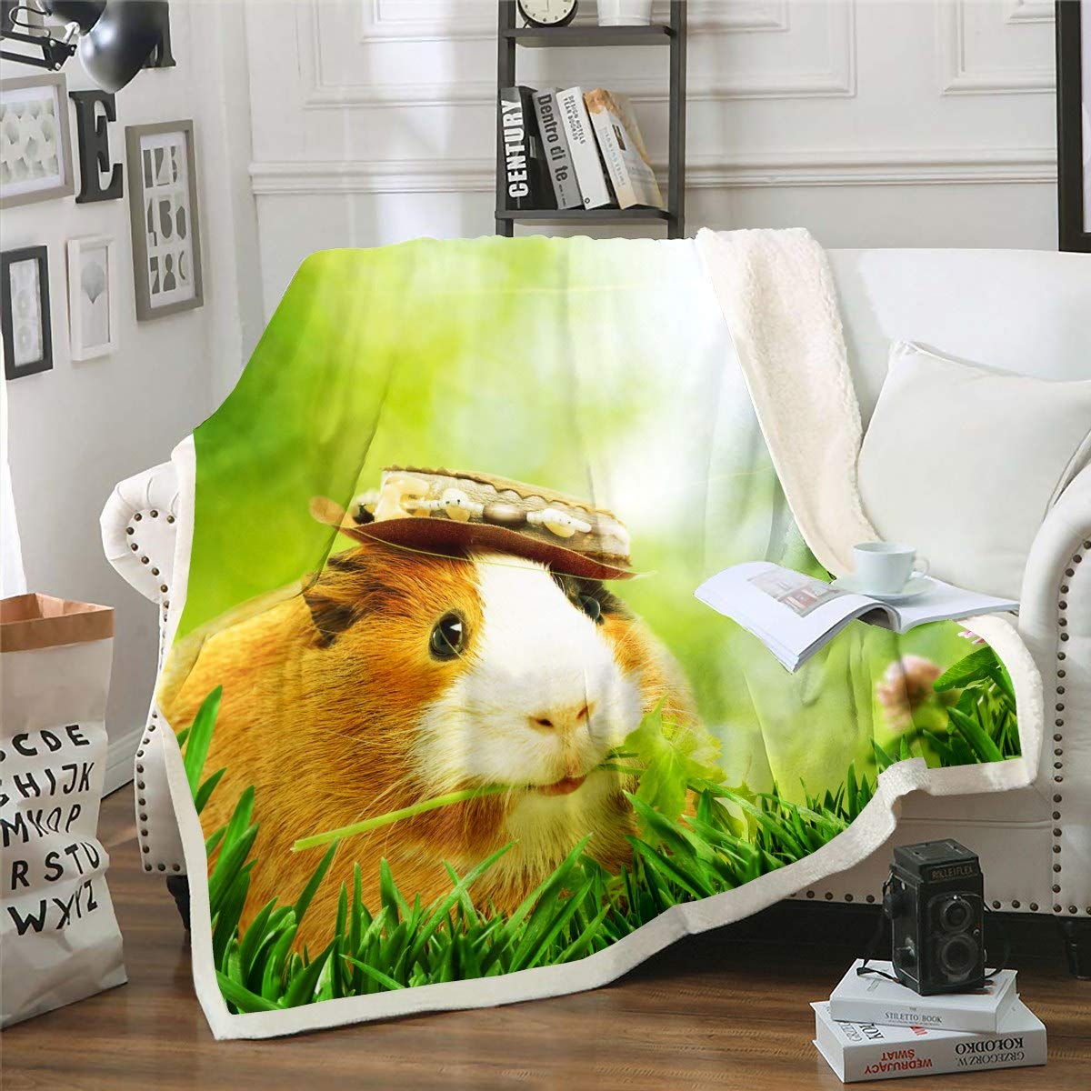 Kids Cute Guinea Pig Fleece Blanket Lovely Cavy Pattern Sherpa Throw Blanket for Sofa Couch Child 3D Animal Pet Warm Plush Blanket Reversible Green Garden Theme Fuzzy Blanket Room Decor Baby 30"x40" — image 1