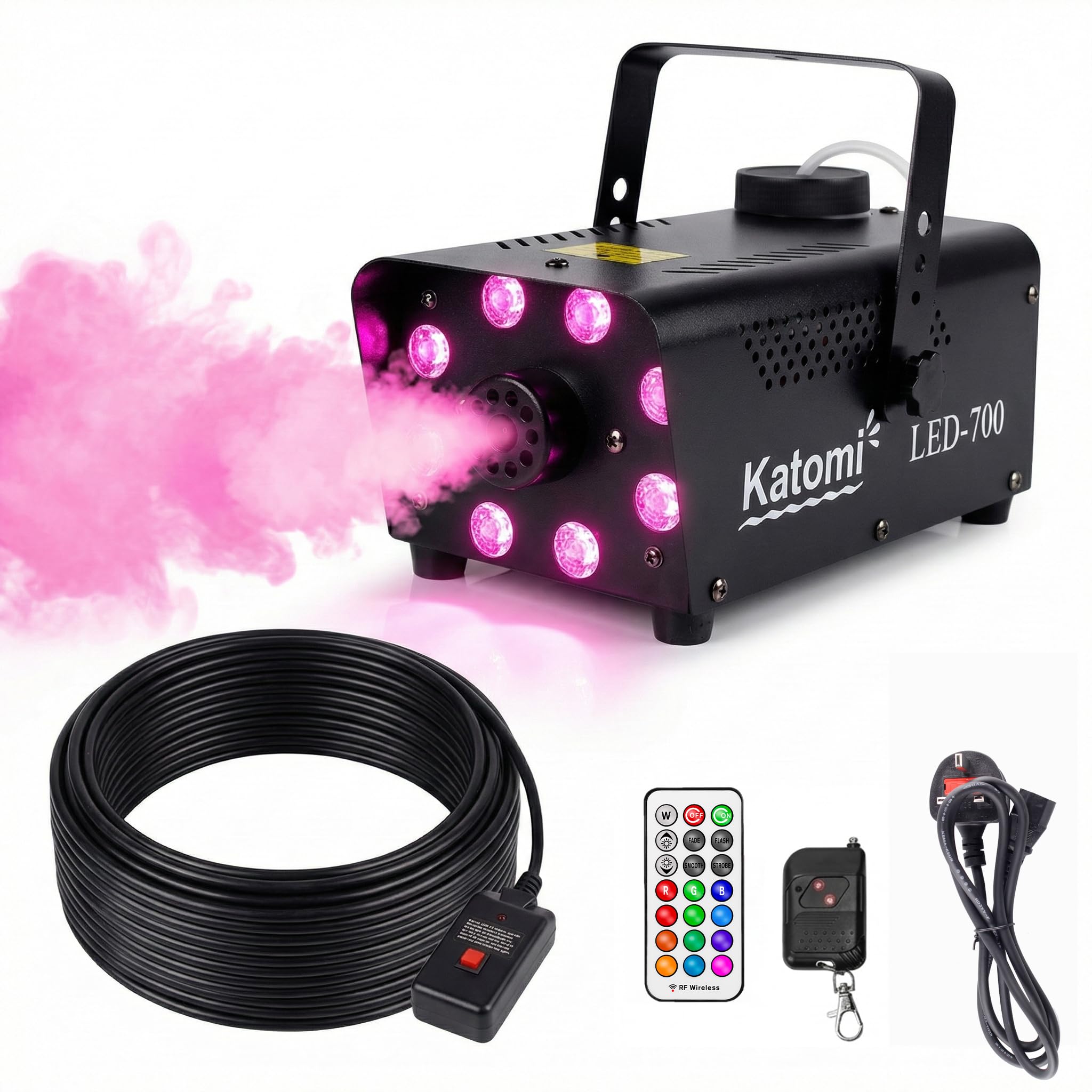 Katomi Smoke Machine 500W with 8 RGB LEDs, Mini Fog Machine with 3m Cable Foot Switch & 2 Wireless Remotes, Automatic Sprayer for Halloween, Party, DJ, Stage & Wedding