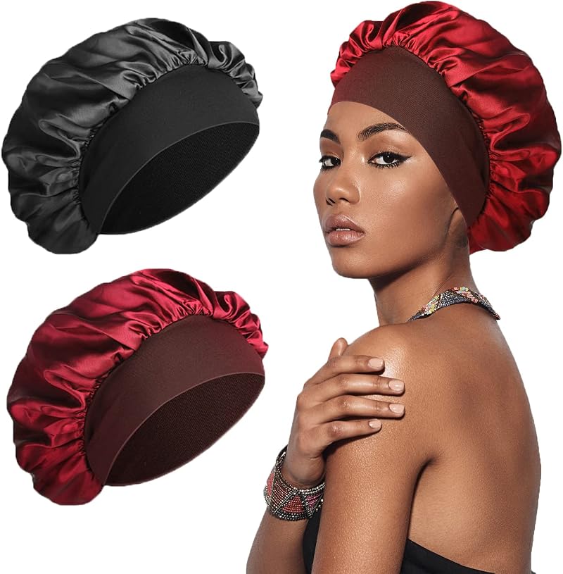 SWEET VIEW Silk Bonnet Silk Hair Wrap Sleeping Cap Black Red 2 Pack