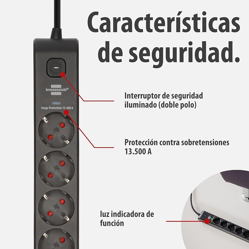 Regleta de enchufes Brennenstuhl de 6 tomas con USB y protección contra sobretensiones (regleta múltiple con 1x USB C PD 20 W para carga rápida y 1x USB A 20 W, interruptor, cable de 2 m) negro