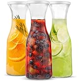 KooK Glass Carafe, Mimosa Bar Supplies, Carafe Pitchers with Lid, Set of 3, Glass Water Pitcher, Drink Dispensers for Parties, Tea, Wine, and Juice, Plastic Lids, Dishwasher Safe, 35 oz