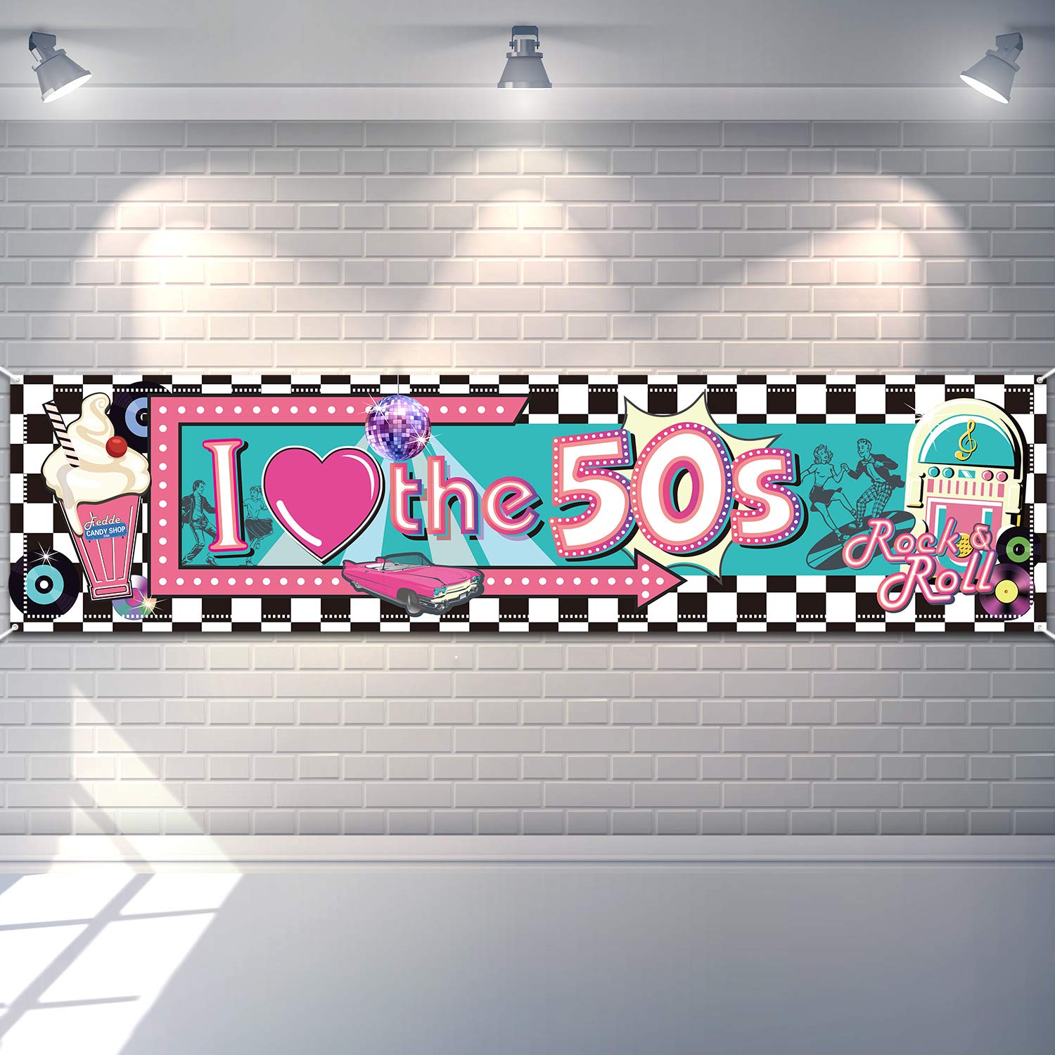 50's Party Banner I Love the 50's Banner 1950s Rock and Roll Theme Party Decorations Photo Booth Backdrop Wall Background 50s Party Decoration Baby Shower Birthday Party Supplies, 70.8 x 15.7 Inch