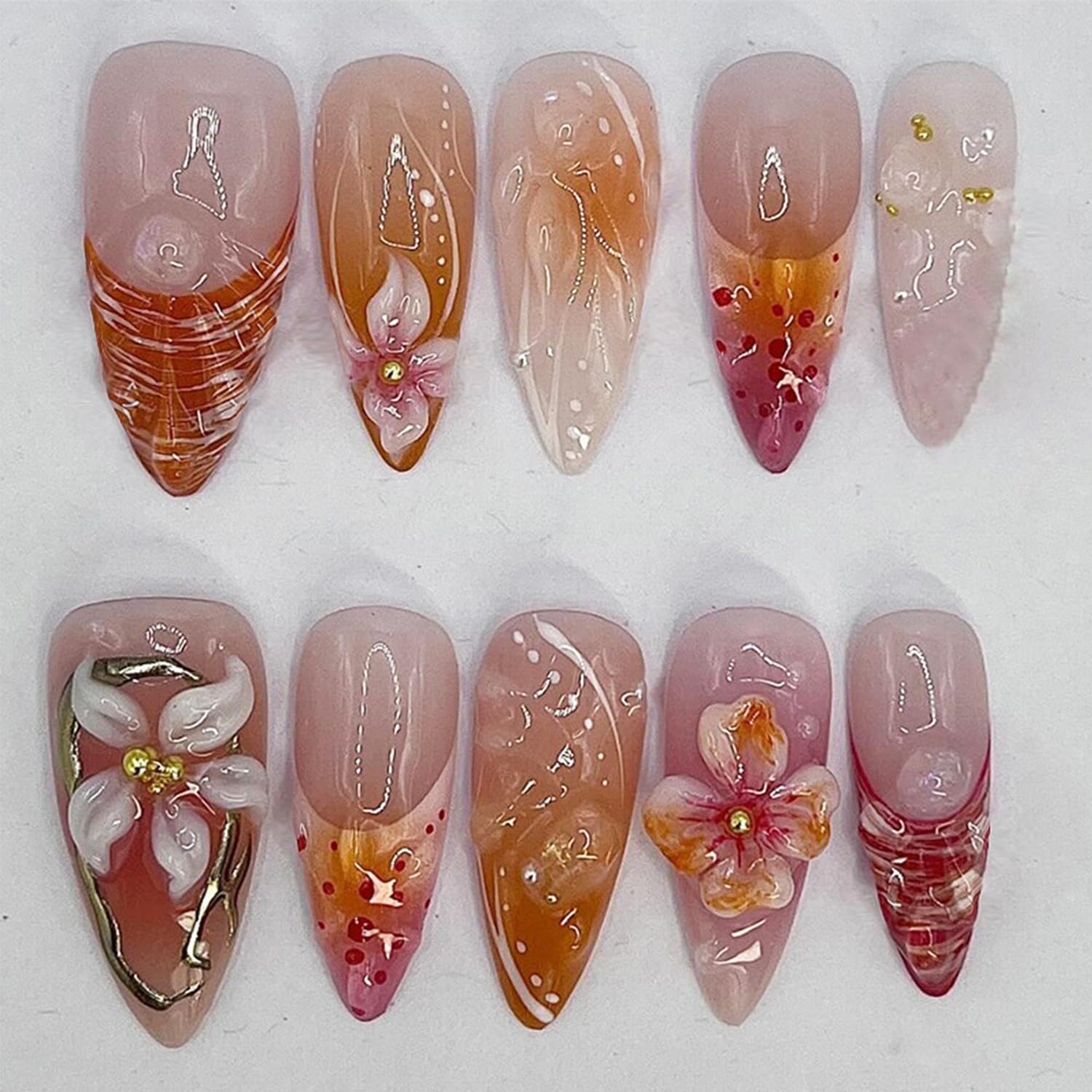 24Pcs Medium Press on Nails Almond Fake Nails with Flower Petal Charms Design Stick on Nails 3D Texture Ripple Flower Acrylic Nails Orange Pink French Tip Glue on Nails Stiletto False Nails for Women