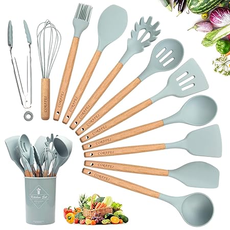 Corafei Küchenhelfer Set 12 Stücke Küchenutensilien aus Silikon und Holz, Wender Zange Schneebesen Backpinsel Löffel Spatel, 