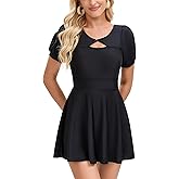 SLYSIA One Piece Swimsuit Women Short Sleeve Bathing Suit Women's Rash Guard Swimdress Cut Out Swim Dress Swimwear Skirt