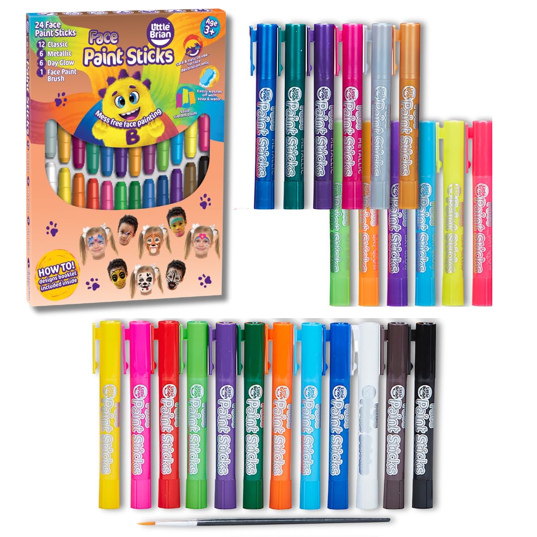 Little Brian Face Paint Sticks For Kids - 24 Pack Assorted Face Paint Colours - Mess-Free, Easy Clean Up, Fast Drying Action, Vibrant Colours, Multi-Surface, Twist & Paint