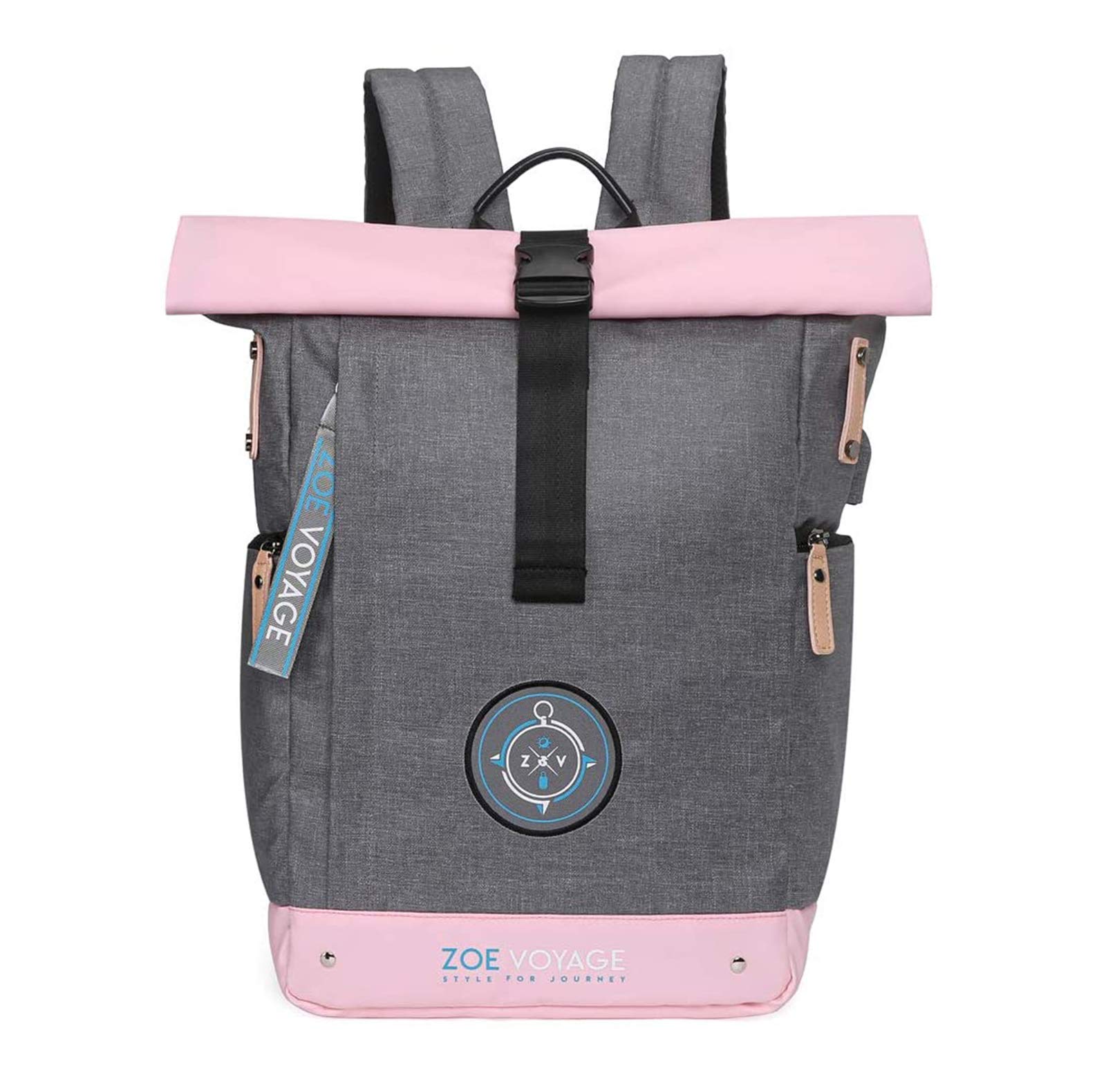 Zoe Voyage Rolltop Backpack 21L Grey/Pink Daypack for Men and Women Travel Backpack Waterproof Backpack Hiking School Shopping