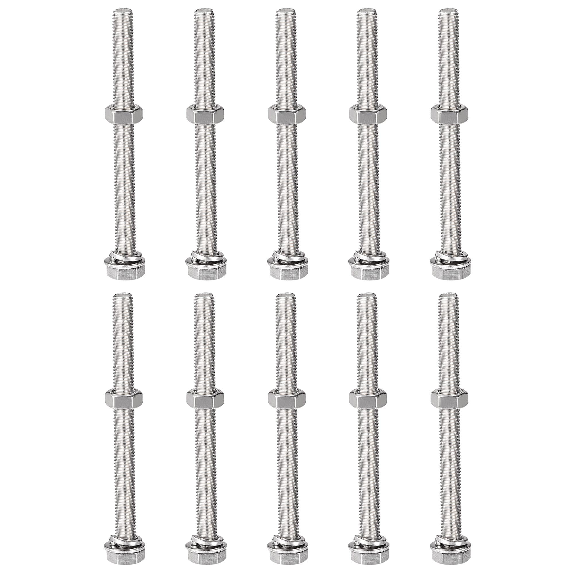 sourcing map M8 x 90mm Hex Head Screws Bolts, Nuts, Flat & Lock Washers Kits, 304 Stainless Steel Fully Thread Hexagon Bolts 10 Sets โ image 1