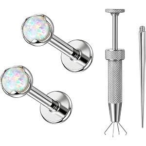 PunkTracker 16G/18G Titanium Opal Flat Back Stud Earrings | Internally Threaded Opal Stud Piercing Jewelry for Nose Tragus Me