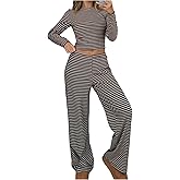 GORGLITTER Women's Striped Sweatpants Matching Set Long Sleeve Top and Low Waisted Wide Leg Pants Sets Two Piece Outfit